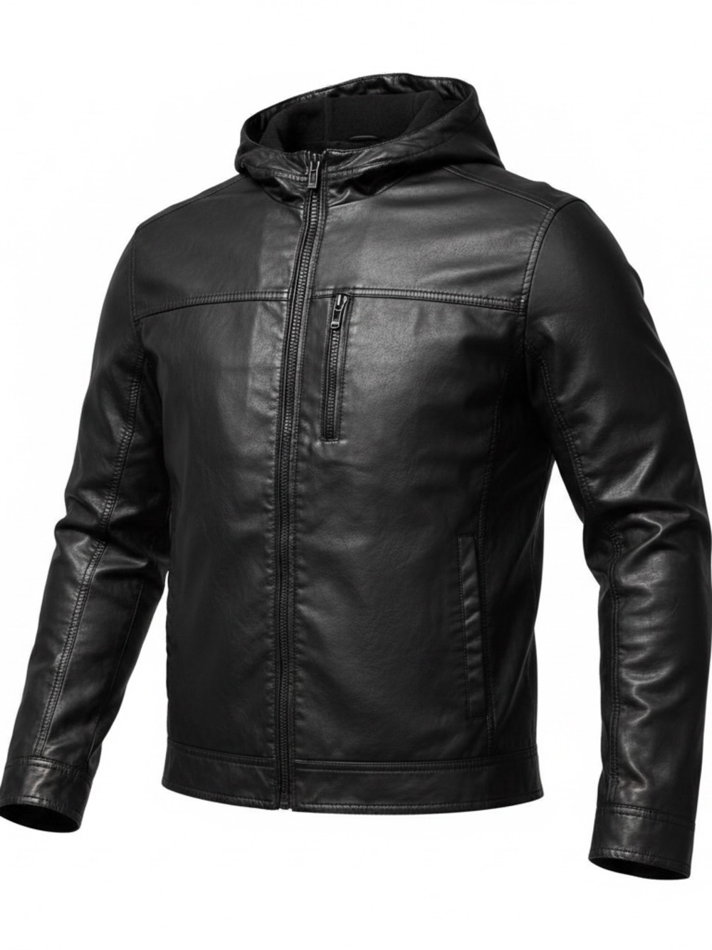 Black faux-leather motorcycle jacket